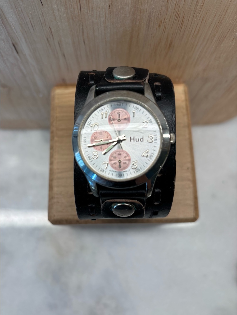 HUD Black Leather Cuff Watch with Pink Accents